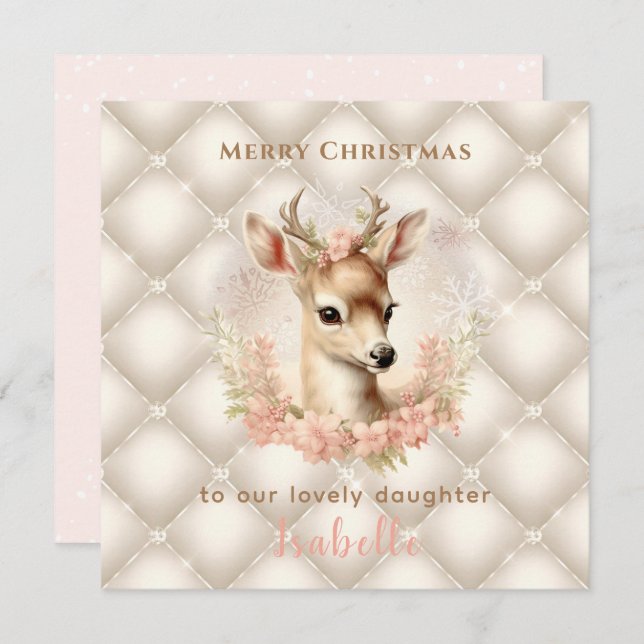 Pastel Vintage Deer Luxury Name Christmas Card (Front/Back)