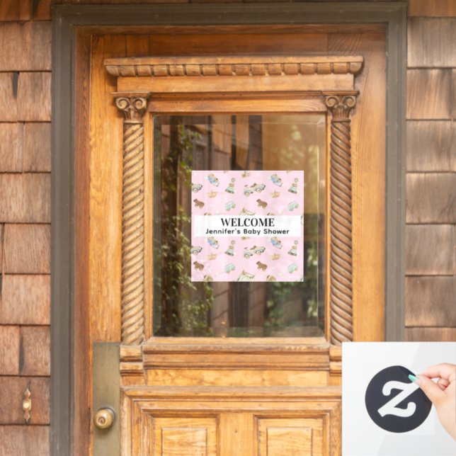Pastel Vintage Wood Toys Pattern Pink Baby Shower (Home Door)