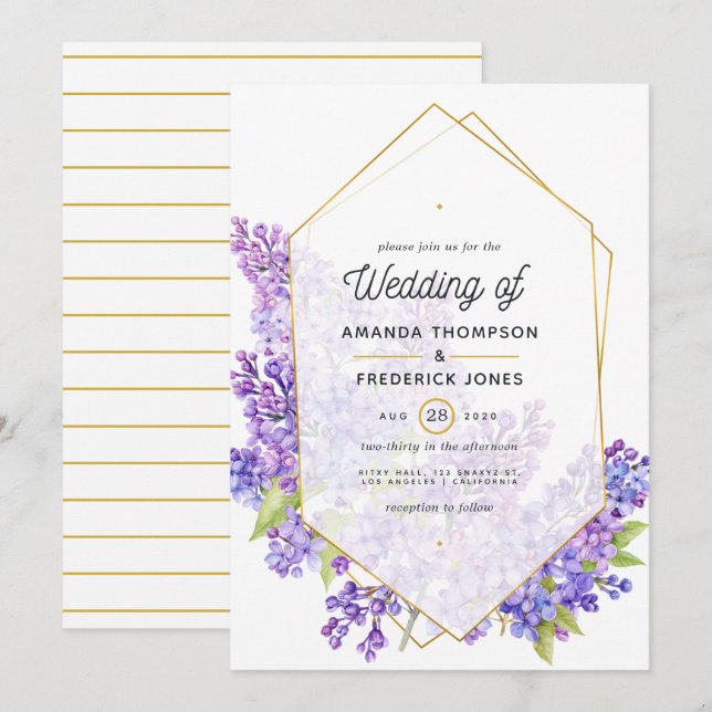 Pastel Violet and Gold Geometric Herbarium Wedding Invitation (Front/Back)