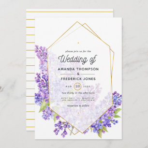 Pastel Violet and Gold Geometric Herbarium Wedding Invitation