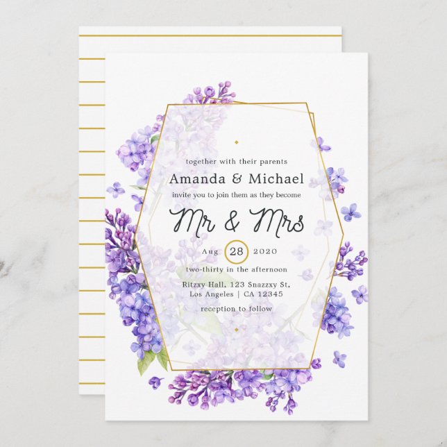 Pastel Violet and Gold Geometric Herbarium Wedding Invitation (Front/Back)