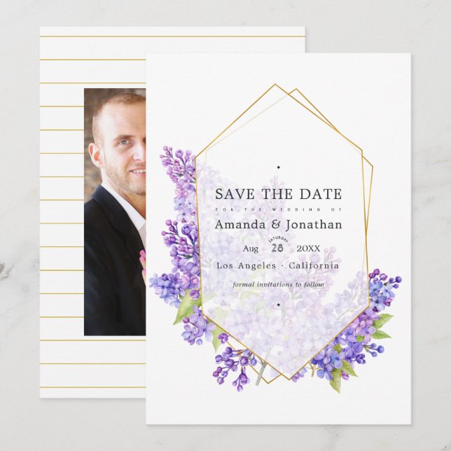 Pastel Violet and Gold Geometric Herbarium Wedding Save The Date (Front/Back)