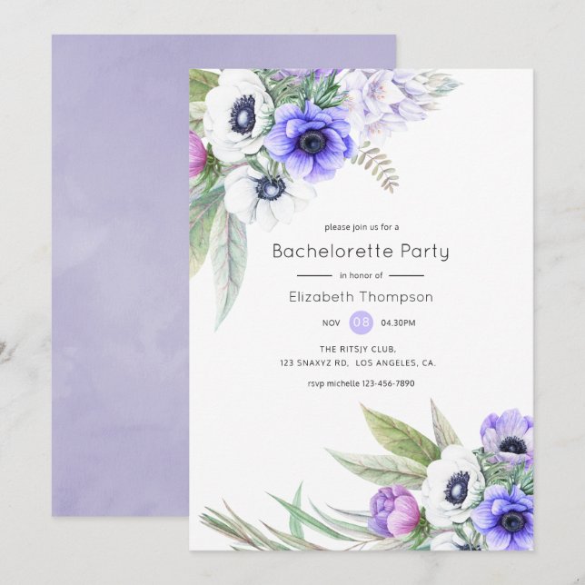 Pastel Violet and Plum Floral Bachelorette Party Invitation (Front/Back)