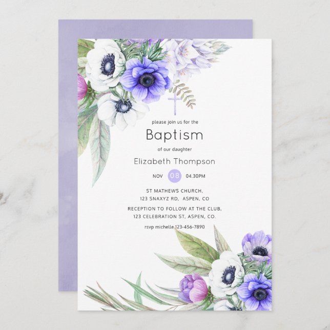 Pastel Violet and Plum Floral Baptism Invitation (Front/Back)