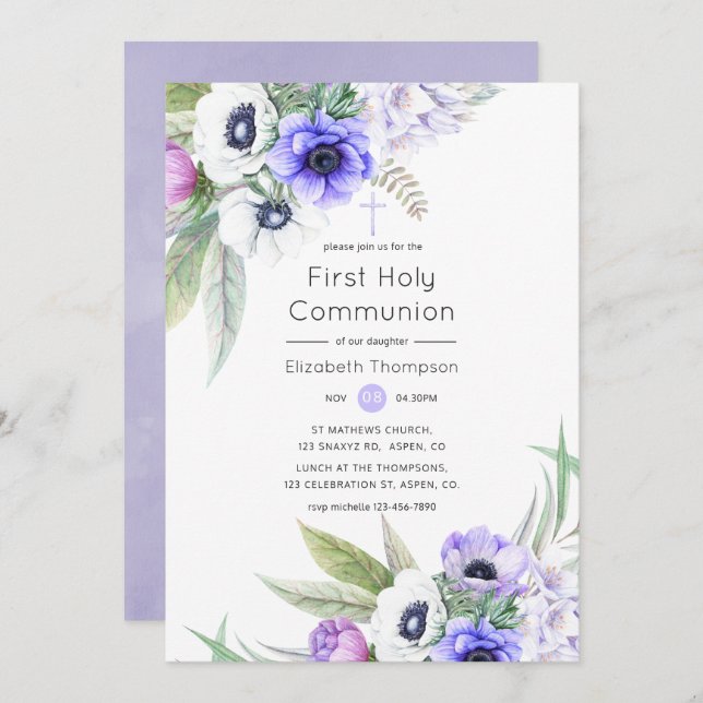 Pastel Violet and Plum Floral Holy Communion Invitation (Front/Back)