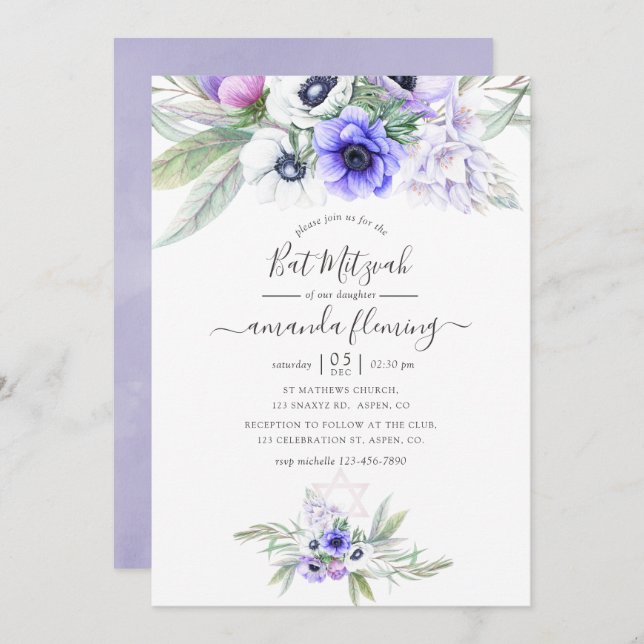 Pastel Violet Floral Bat Mitzvah Invitation (Front/Back)