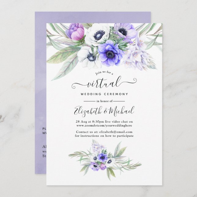 Pastel Violet Floral Online Virtual Wedding Invitation (Front/Back)
