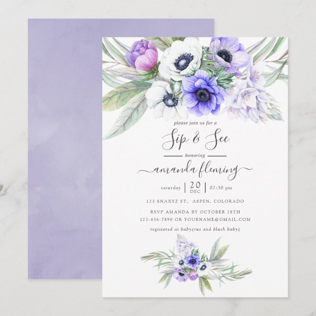 Pastel Violet Floral Sip and See Invitation (Front/Back)