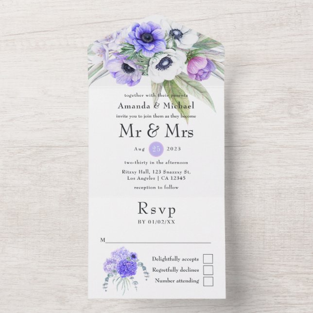 Pastel Violet Floral Wedding All In One Invitation (Inside)