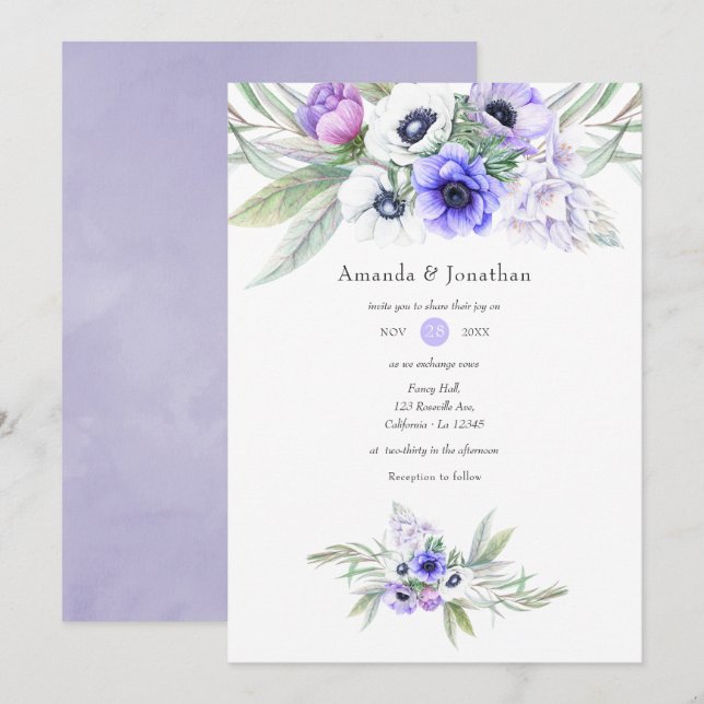Pastel Violet Floral Wedding Invitation (Front/Back)