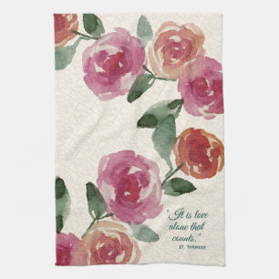 Pastel Water Colour Roses St. Therese Religious Tea Towel