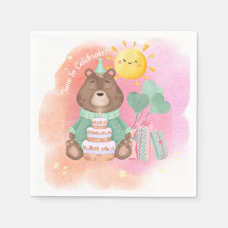 Pastel Watercolor Bear Birthday Napkin