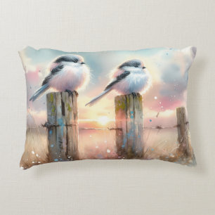 Pastel Watercolor Birds Fencepost Sunset Decorative Cushion