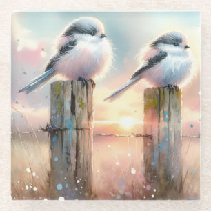 Pastel Watercolor Birds Fencepost Sunset Glass Coaster