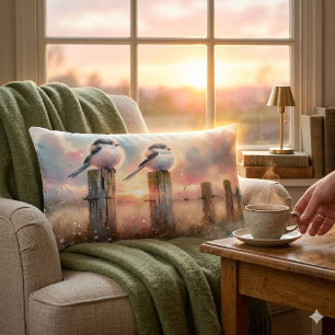 Pastel Watercolor Birds Fencepost Sunset Lumbar Cushion