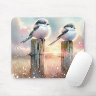 Pastel Watercolor Birds Fencepost Sunset Mouse Pad
