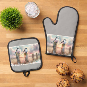 Pastel Watercolor Birds Fencepost Sunset Oven Mitt & Pot Holder Set