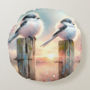 Pastel Watercolor Birds Fencepost Sunset Round Cushion