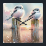 Pastel Watercolor Birds Fencepost Sunset Square Wall Clock<br><div class="desc">Soft watercolor brushwork captures two fluffy songbirds resting on weathered fence posts as a glowing sunset spreads across a dreamy countryside sky. Gentle washes of peach, blush pink, pale blue, and warm gold blend into a tranquil horizon, creating a calm pastoral atmosphere. The birds appear round and feathery, their delicate...</div>