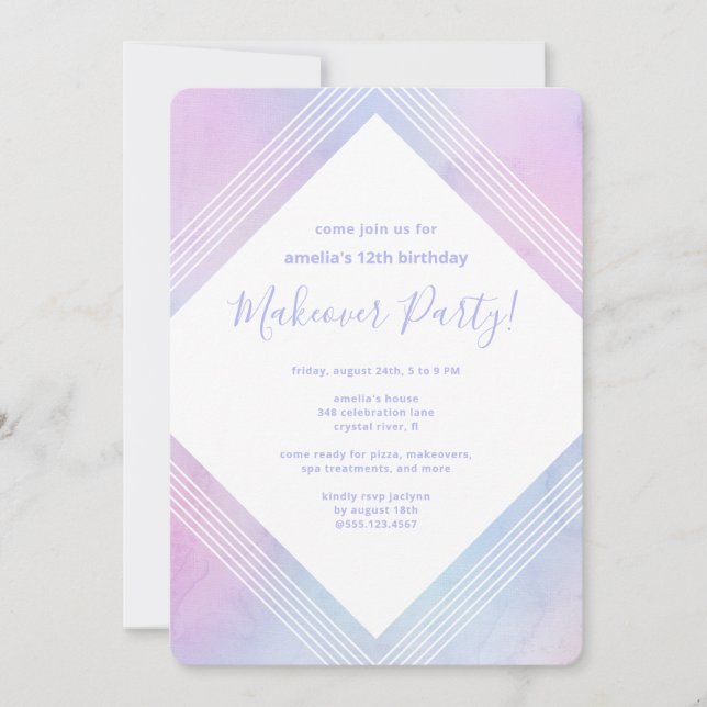 Pastel Watercolor Birthday Makeover Party Purple Invitation (Front)