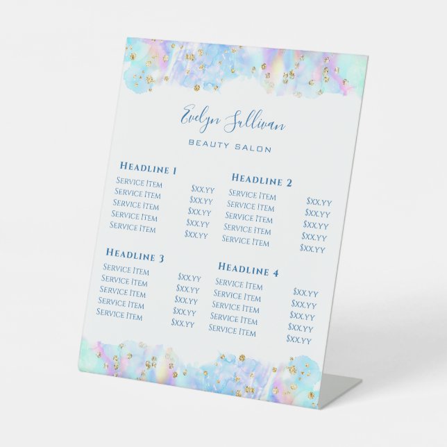 Pastel Watercolor Blue Glitter Beauty Salon  Pedestal Sign (Front)