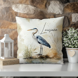Pastel Watercolor Blue Heron Louisiana State Cushion