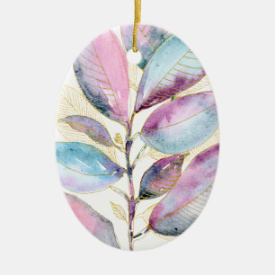 Pastel Watercolor Botanical Leaves Spiral Notebook Ceramic Ornament