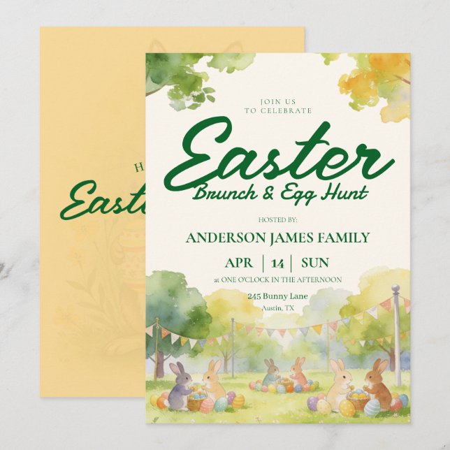 Pastel Watercolor Bunny Easter Egg Hunt Brunch  Invitation (Front/Back)