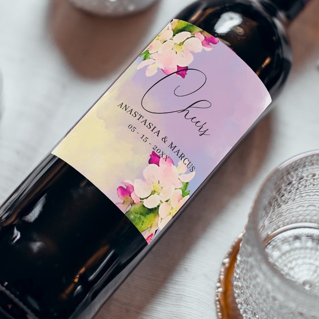 Pastel Watercolor Cherry Blossoms Romantic Wedding Wine Label (Creator Uploaded)