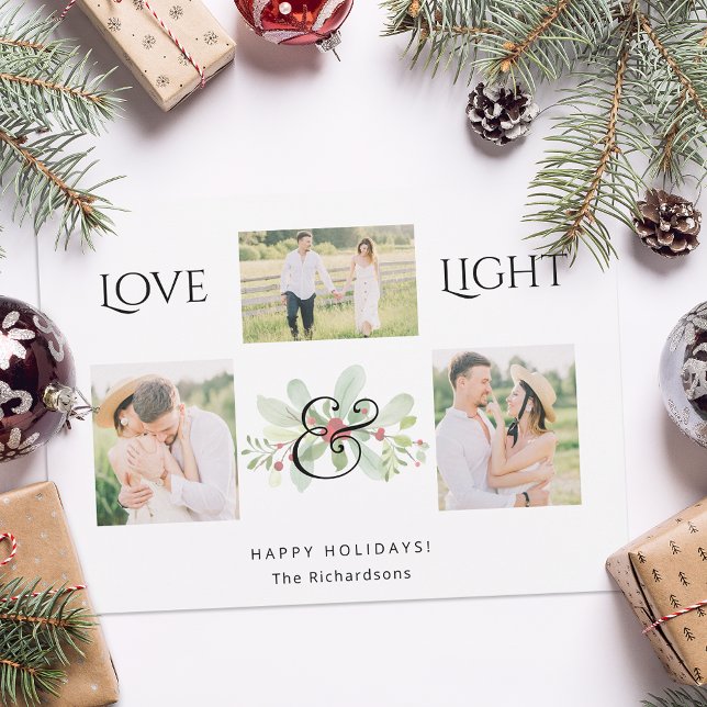 Pastel Watercolor Christmas Floral 3-Photo  Holiday Card (Creator Uploaded)