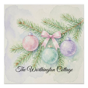Pastel Watercolor Christmas Ornaments Pine Branch Poster