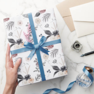 Pastel Watercolor Colourful Roses Grey Leaves Wrapping Paper