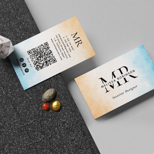 Pastel Watercolor Custom QR Code and Monogram Business Card (Creator Uploaded)