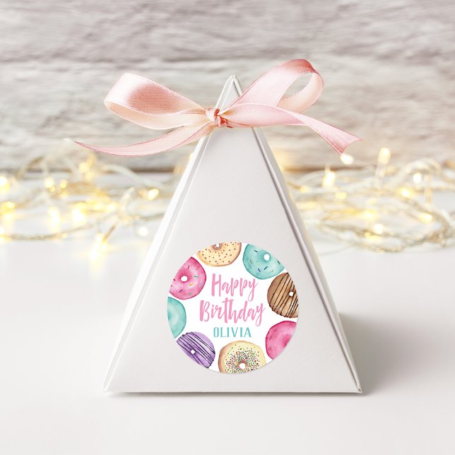 Pastel Watercolor Doughnut Personalised Birthday Classic Round Sticker (Creator Uploaded)