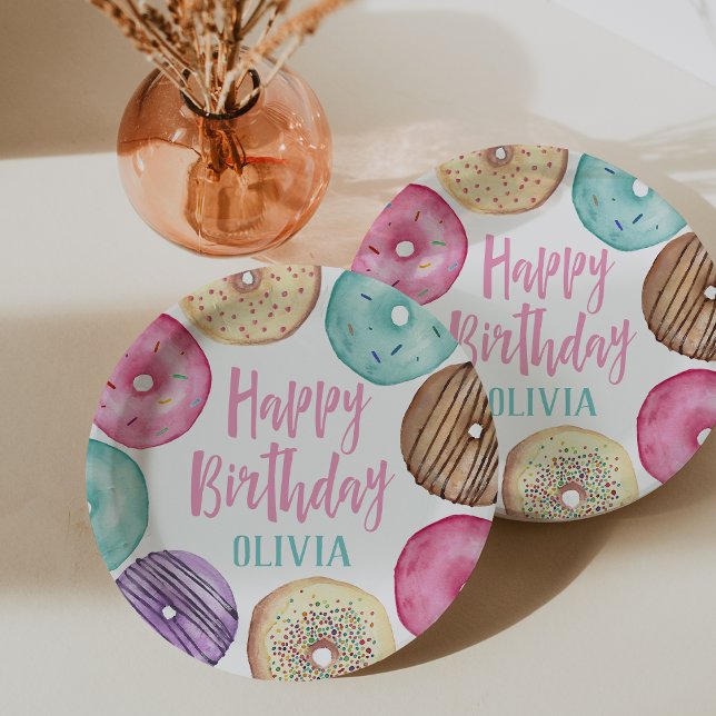 Pastel Watercolor Doughnut Personalised Birthday Paper Plate (Creator Uploaded)