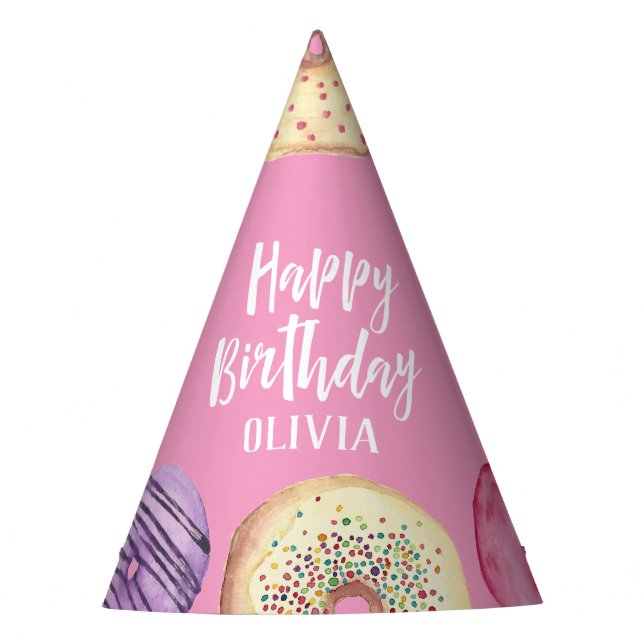 Pastel Watercolor Doughnut Personalised Birthday Party Hat (Front)