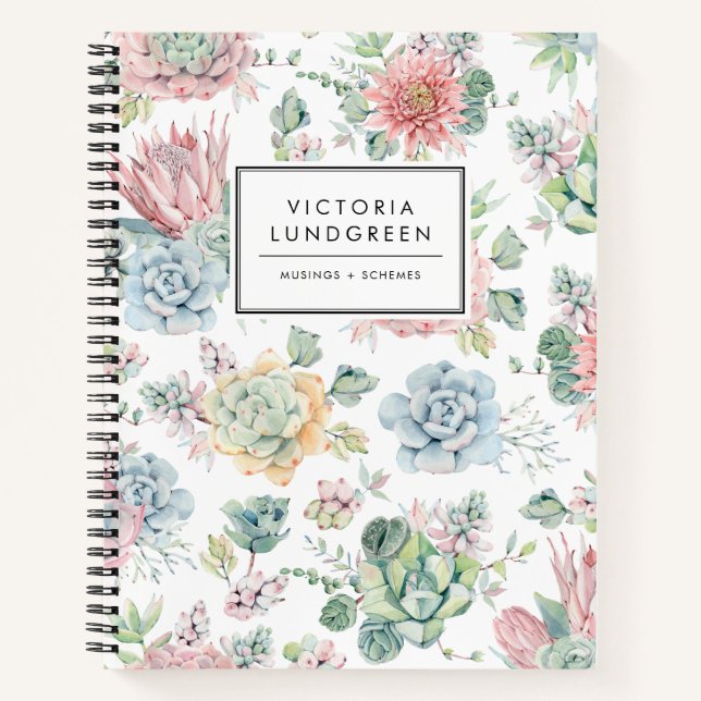 Pastel Watercolor Echievera Succulents Pattern Notebook (Front)
