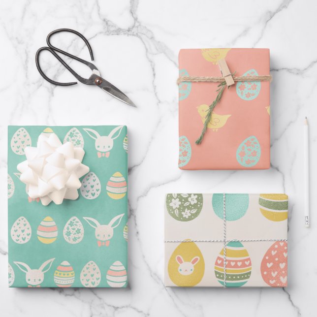 Pastel Watercolor Eggs Bunny Merry Easter Wrapping Paper Sheet (Front)