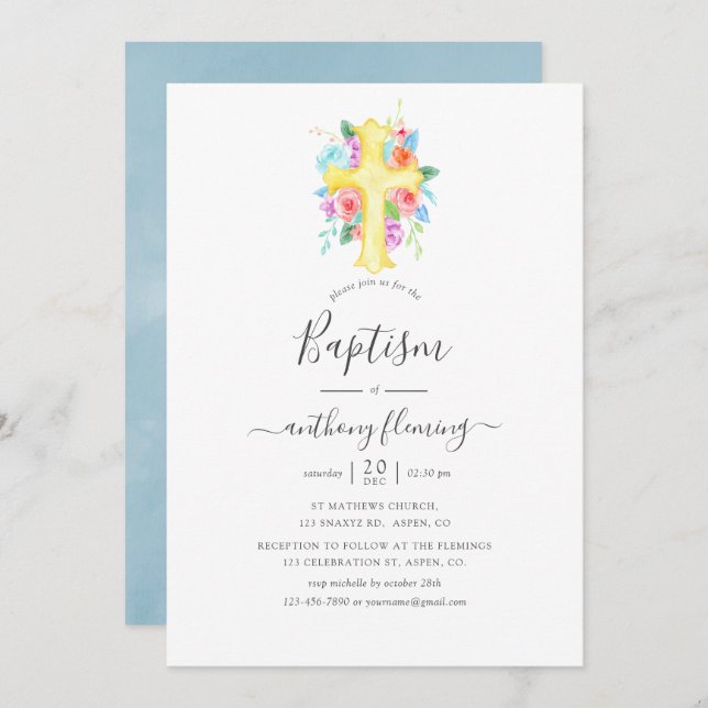 Pastel Watercolor Floral Boy Baptism/Christening Invitation (Front/Back)