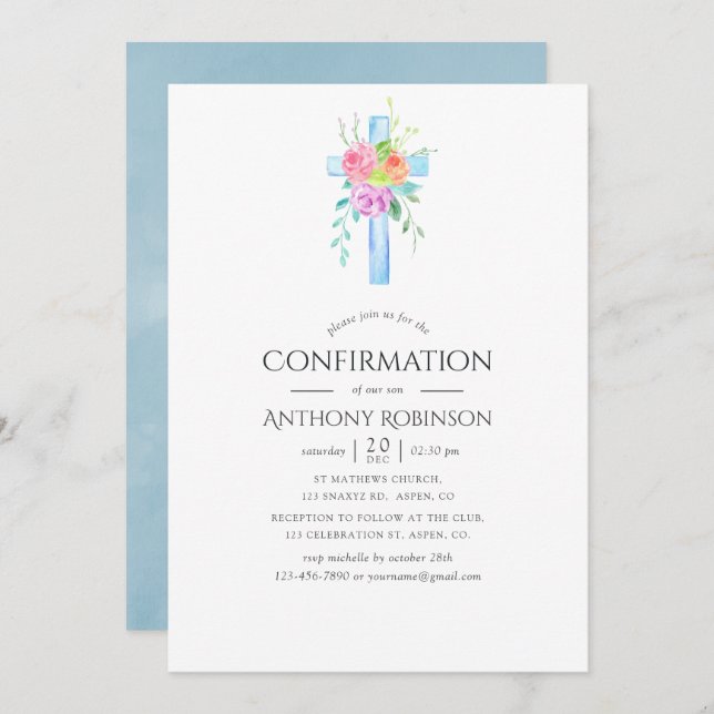 Pastel Watercolor Floral Boy Confirmation Invitation (Front/Back)