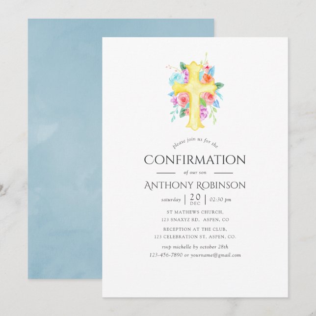 Pastel Watercolor Floral Boy Confirmation Invitation (Front/Back)
