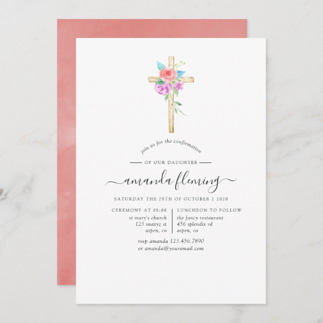 Pastel Watercolor Floral Confirmation Invitation (Front/Back)