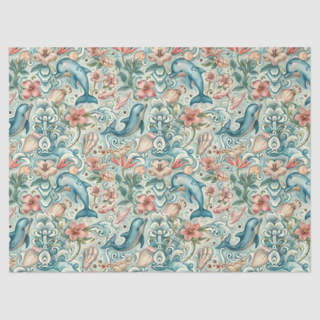 Pastel Watercolor Floral Dolphins Decoupage Tissue Paper (Front)