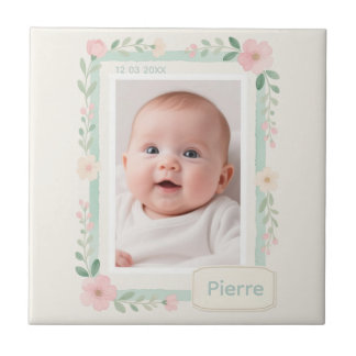 Pastel Watercolor Floral Empty Photo Frame Ceramic Tile