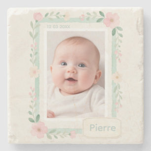 Pastel Watercolor Floral Empty Photo Frame Stone Coaster