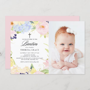 Pastel Watercolor Floral Frame Photo Bautizo Invitation