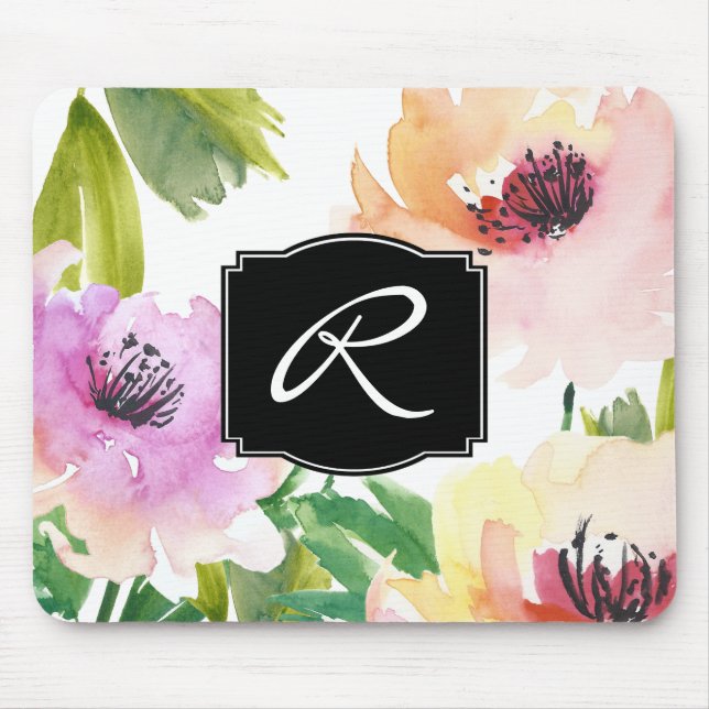 Pastel Watercolor Floral Monogrammed Mouse Pad (Front)