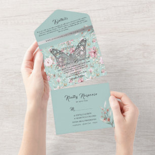 Pastel Watercolor Floral Pink Blue Wedding All In One Invitation