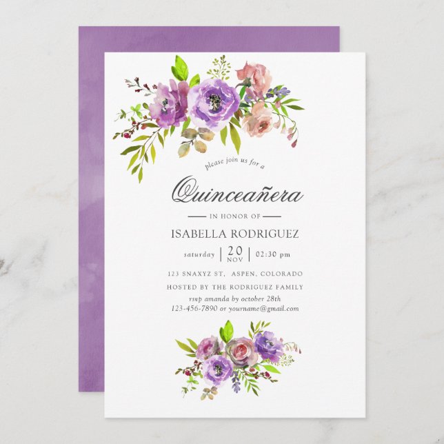Pastel Watercolor Floral Quinceañera Invitation (Front/Back)