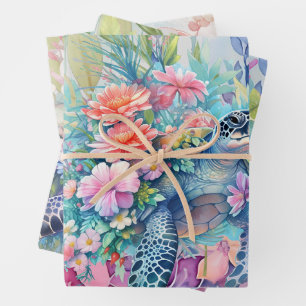 Pastel Watercolor Floral Sea Turtles  Wrapping Paper Sheet